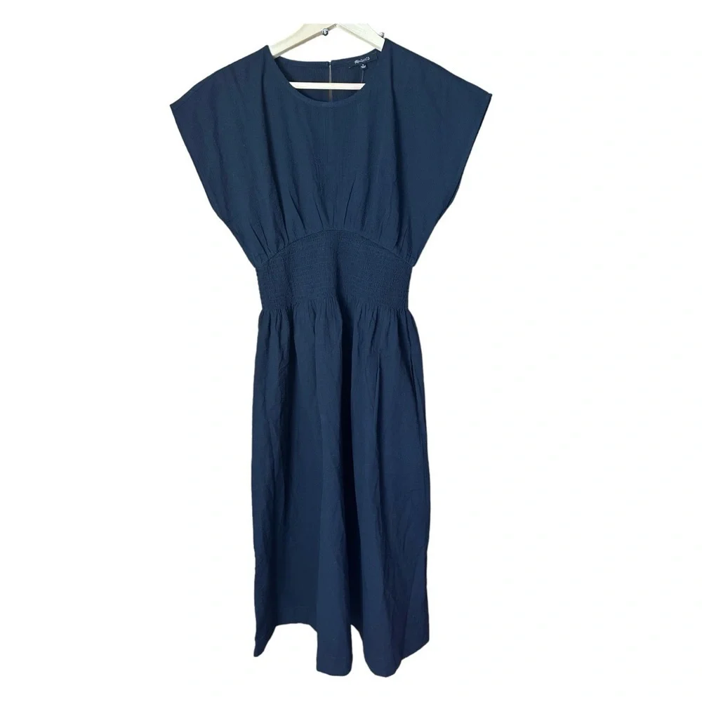 Madewell Smocked Waist Midi Dress Stripe Seersucker Linen Blend Black XS NWT - Picture 6 of 13